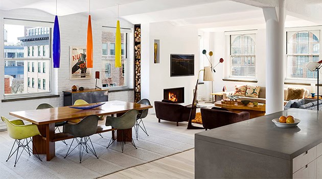 Vibrant modern interior design with colorful pendant lighting, spacious open-plan living and dining area, large windows, and contemporary furniture for stylish urban living.