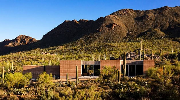 Modern desert home nestled in a lush cactus landscape with mountain backdrop, showcasing contemporary architecture and sustainable design elements.