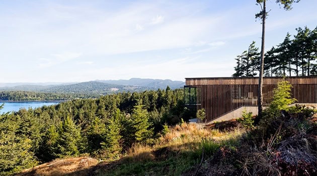 Contemporary modern house with wooden exterior design nestled in lush forest landscape, showcasing eco-friendly architecture and sustainable living amidst nature.