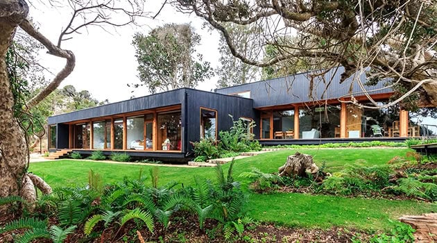 Modern black and wooden residential house with large windows surrounded by lush green garden and mature trees, showcasing contemporary architecture and innovative design.