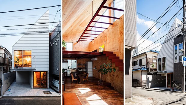 Contemporary urban house with modern architectural design, large glass windows, and sleek exterior facade showcasing innovative residential architecture.