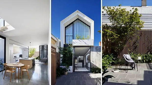 Modern minimalist open-plan kitchen and dining area with sleek design and ample natural light, perfect for contemporary home living.