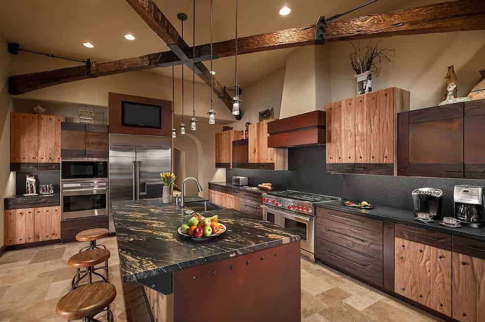 Modern rustic kitchen with black granite island counter and natural wood cabinetry, stainless steel appliances, warm lighting, and exposed wooden beams, showcasing contemporary architecture art designs.