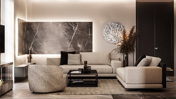 Contemporary modern living room with elegant beige sofas, marble wall art, and stylish decor, showcasing luxurious interior design and sophisticated home aesthetics.