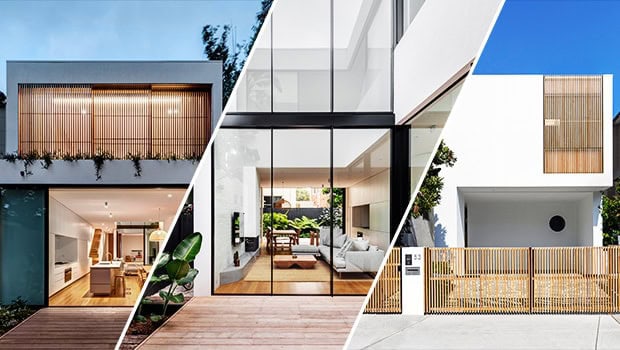 Modern minimalist residential architecture with sleek glass facades and natural wood accents.