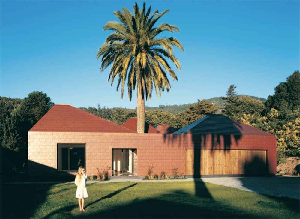 Modern residential house with minimalist architecture and a striking palm tree exterior design, set against lush green hills, ideal for contemporary architecture and outdoor living.