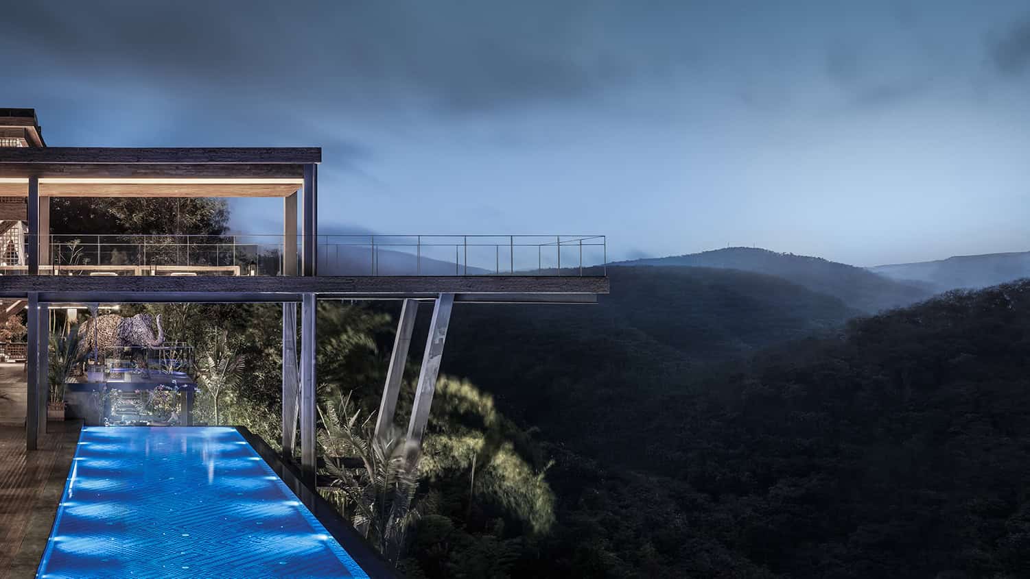 Modern mountain hillside house with cantilevered glass balcony, contemporary architecture design, elevated wooden structure, scenic natural landscape, and stylish outdoor living space.