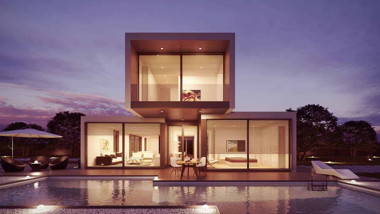 Modern luxury house with open-plan living, sleek architectural design, and a scenic poolside view at sunset. Innovative home architecture showcasing contemporary aesthetics and stylish exterior design.