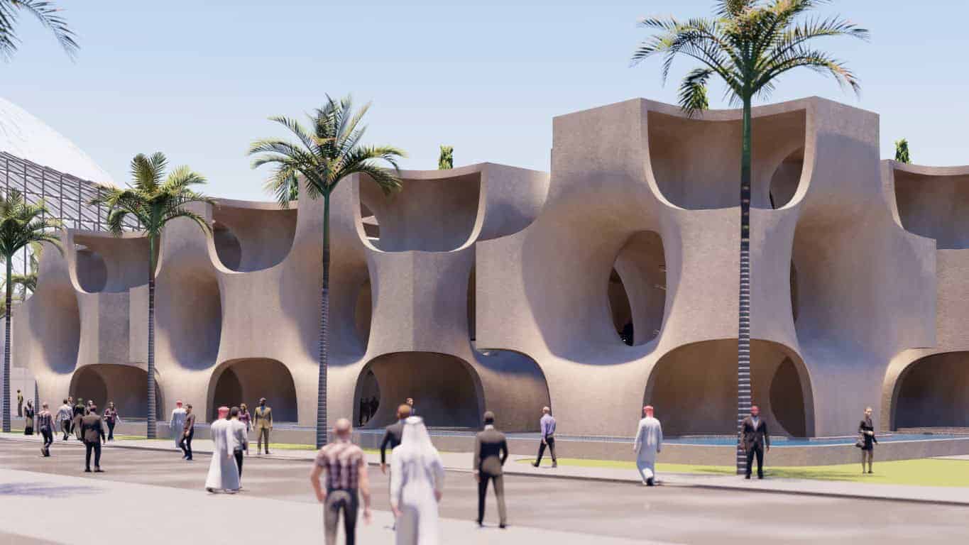 Futuristic modern architectural design with organic shapes, palm trees, and a vibrant urban space, showcasing innovative architecture art and design influences.