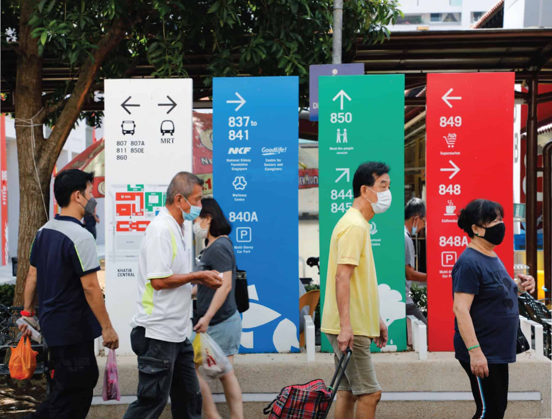 Modern city street scene with colorful directional signs and diverse pedestrians wearing face masks, showcasing urban transportation and infrastructure.