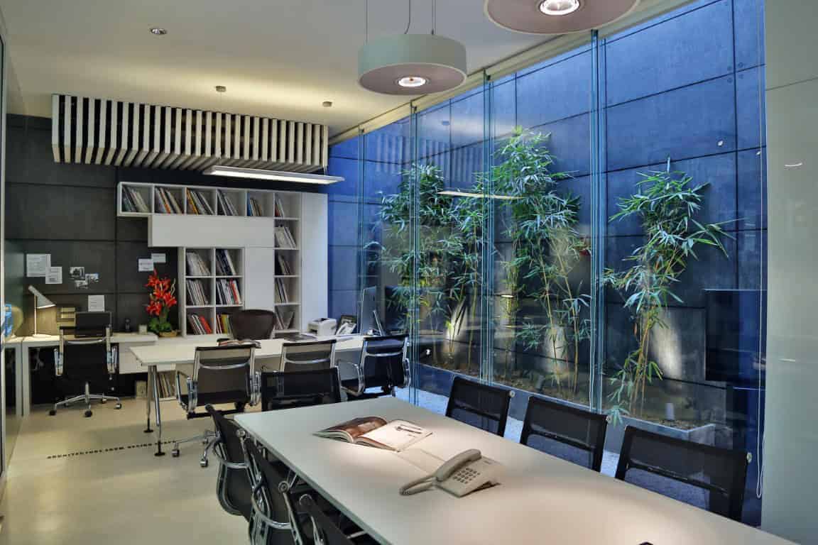 Modern office interior with glass wall, indoor plants, and contemporary furniture showcasing sleek architectural design and stylish workspace aesthetics.