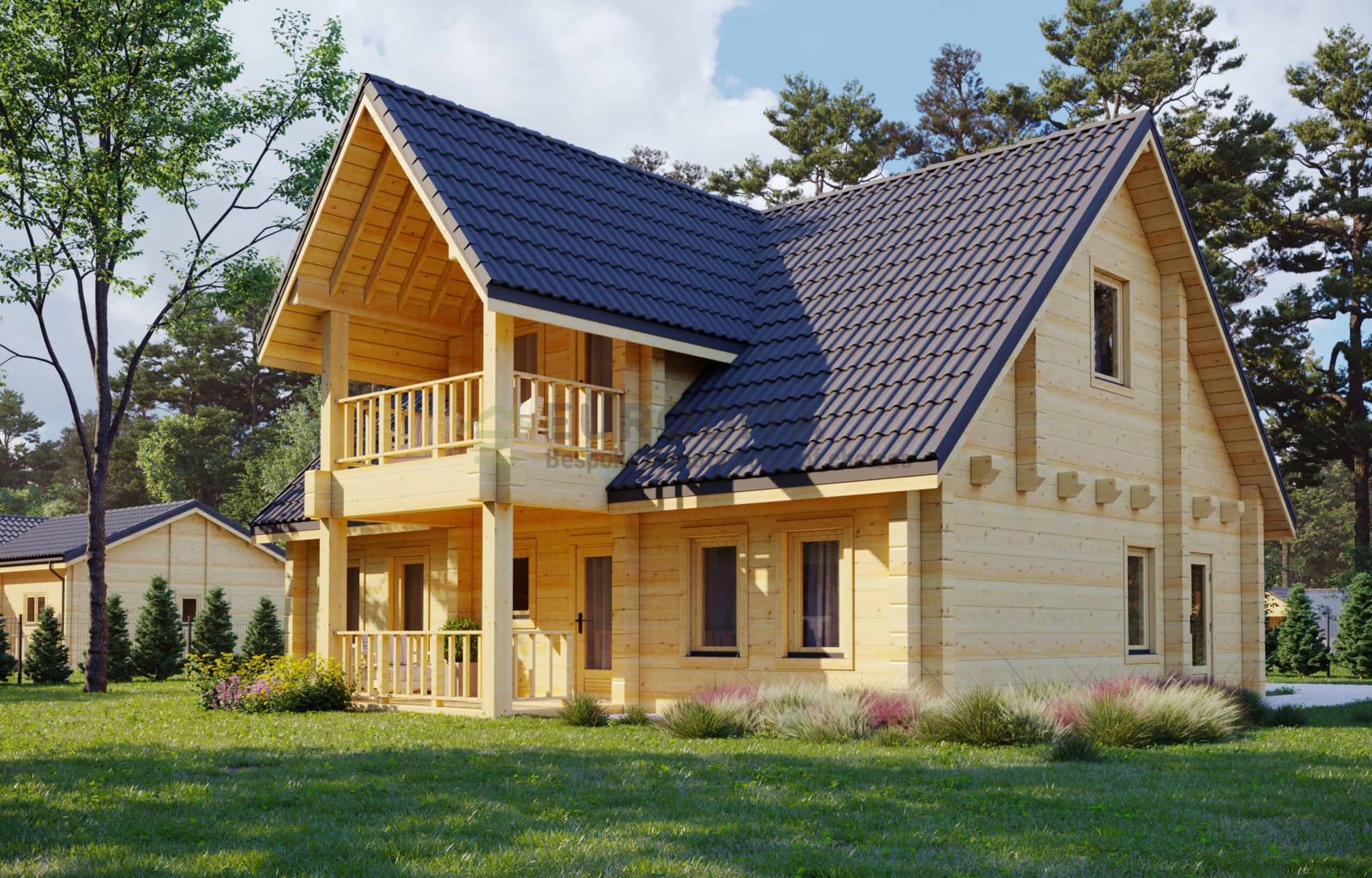 Contemporary wooden house with a steep gable roof and balcony, surrounded by lush greenery and tall trees, showcasing modern architecture and innovative design.