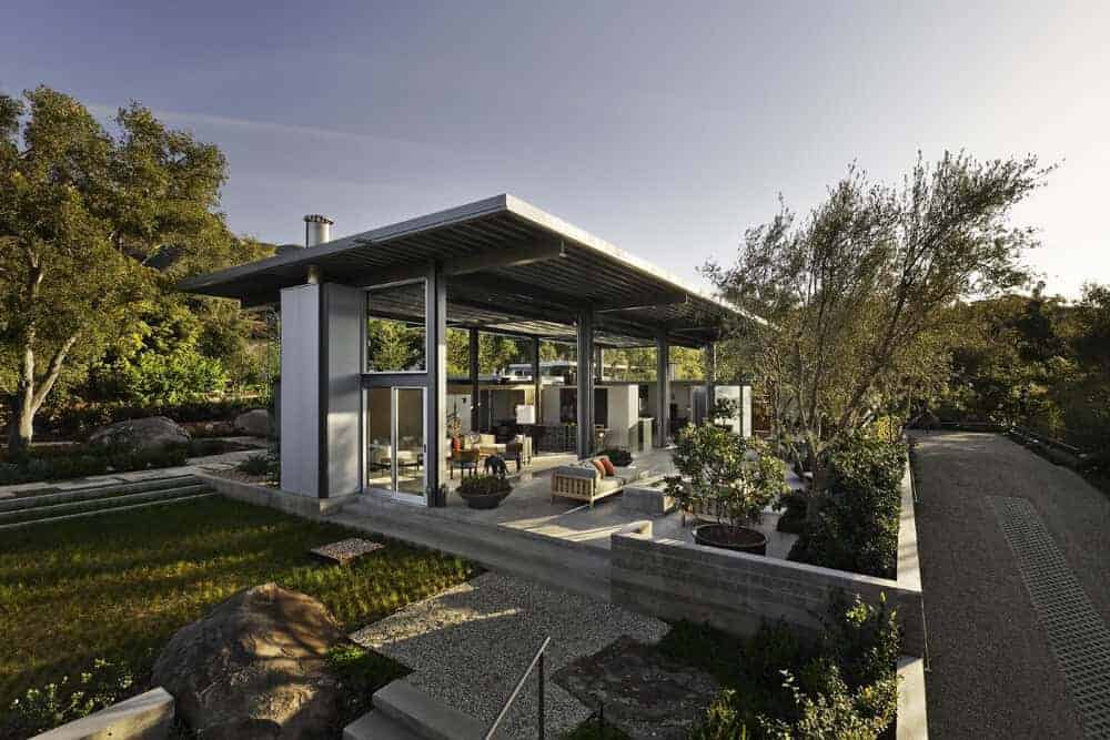 Modern outdoor pavilion with sleek metal framework and open design for architecture art and modern landscape design.