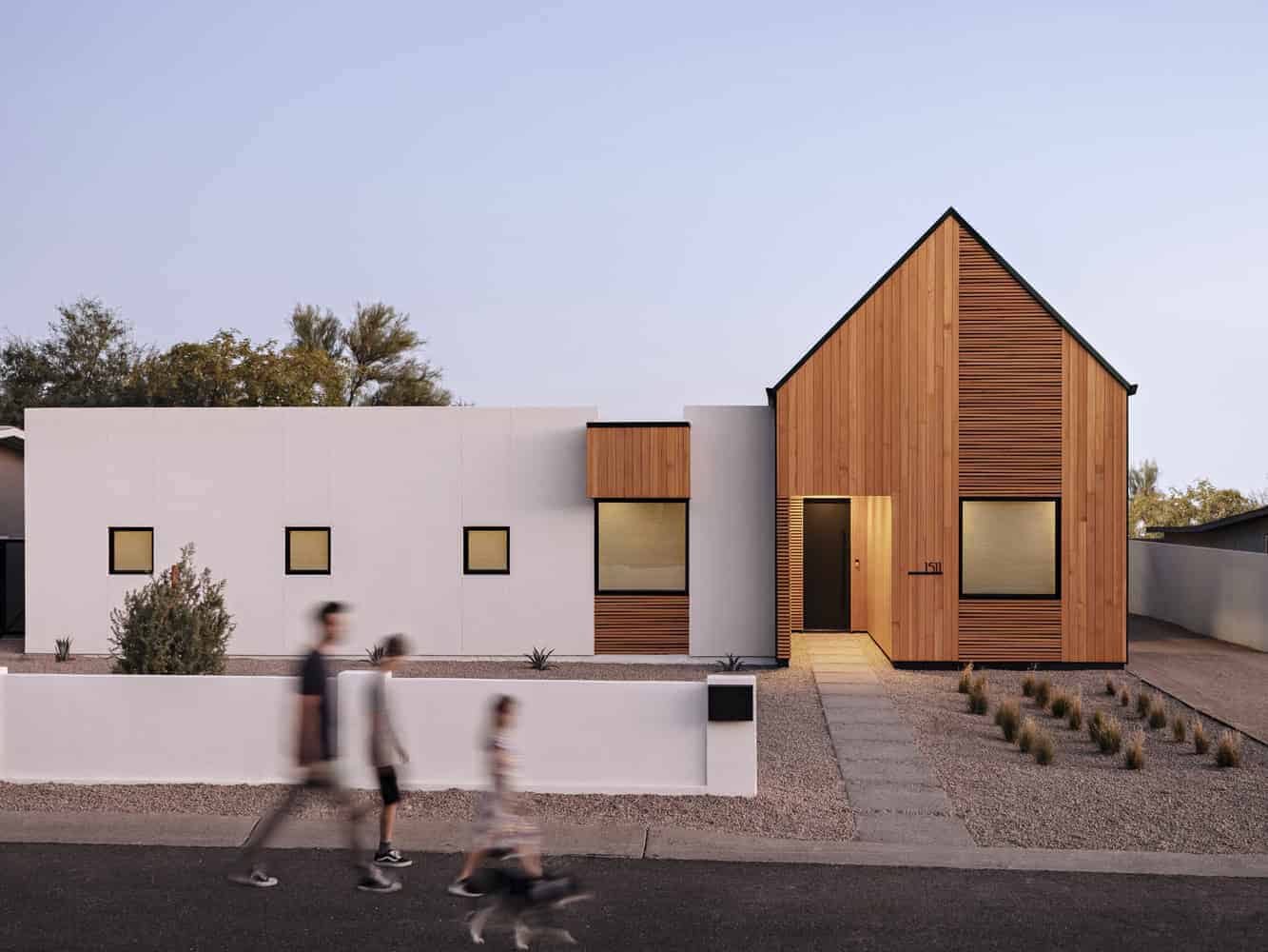 Contemporary modern house with minimalist design, featuring clean lines, white and natural wood exterior, and large windows perfect for innovative architecture style.
