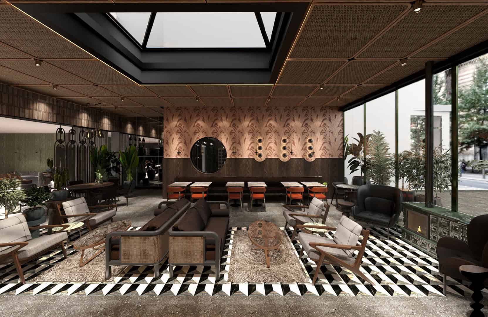Contemporary hotel lobby interior with vintage furniture, patterned accent wall, large windows, and lush indoor plants, emphasizing modern architectural design and stylish decor.