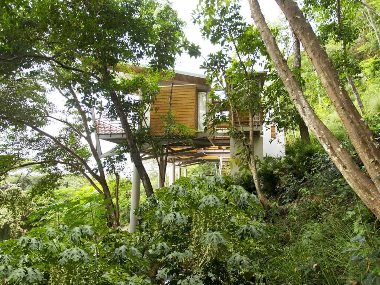 Contemporary eco-friendly treehouse nestled in lush green forest, featuring modern architecture, wooden accents, and large windows for natural light. Sustainable design blending seamlessly with nature.
