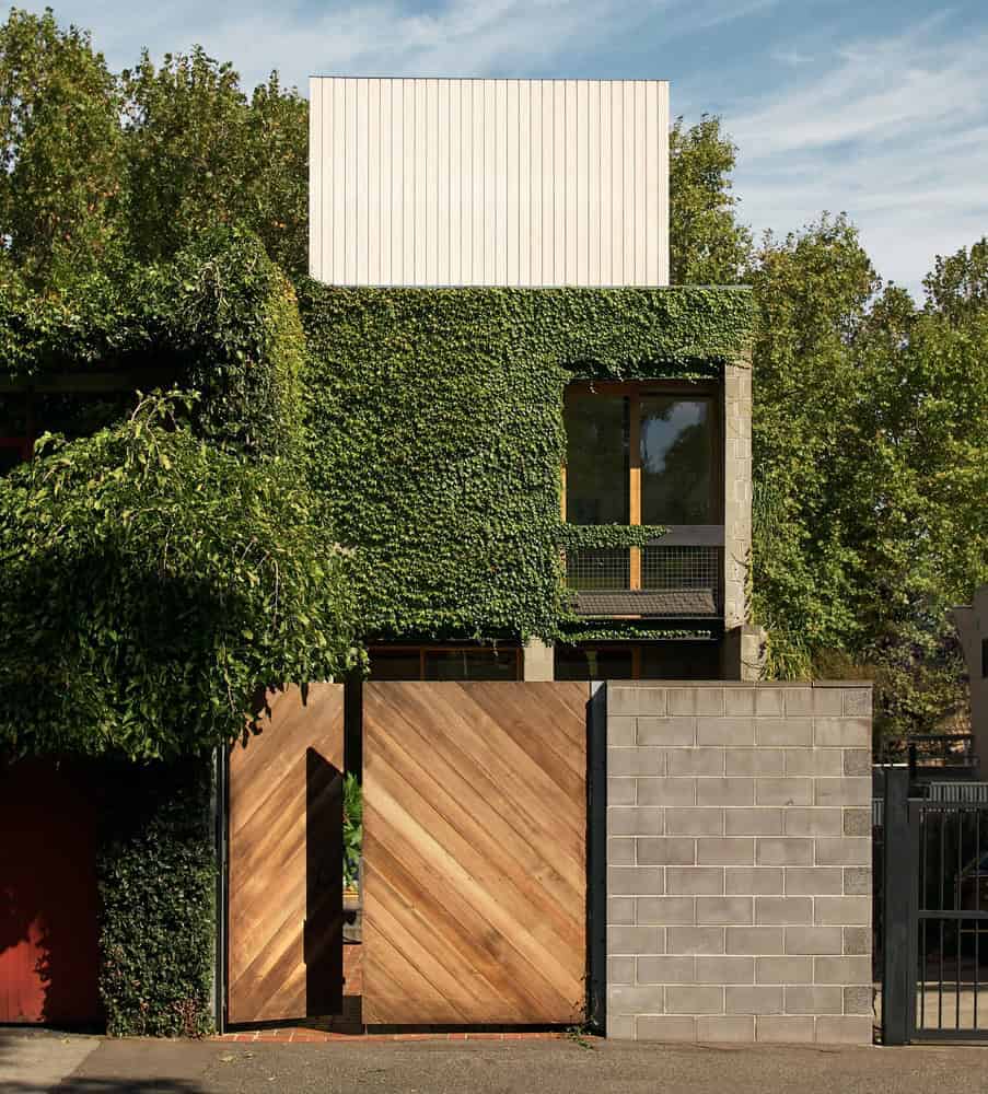 Contemporary modern house with green wall and wooden gate, urban residential architecture, eco-friendly design, and unique facades in a leafy neighborhood, showcasing innovative design.