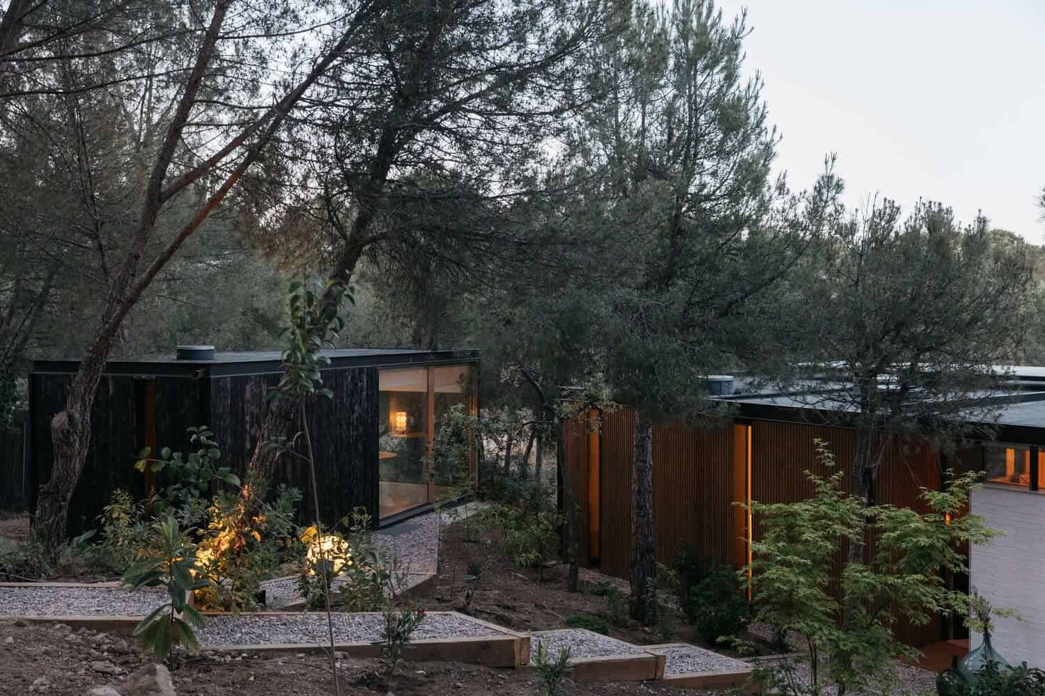 Contemporary modern house design nestled among tall trees, featuring sleek architecture with large glass windows and natural wood accents, perfect for nature-inspired luxury homes.