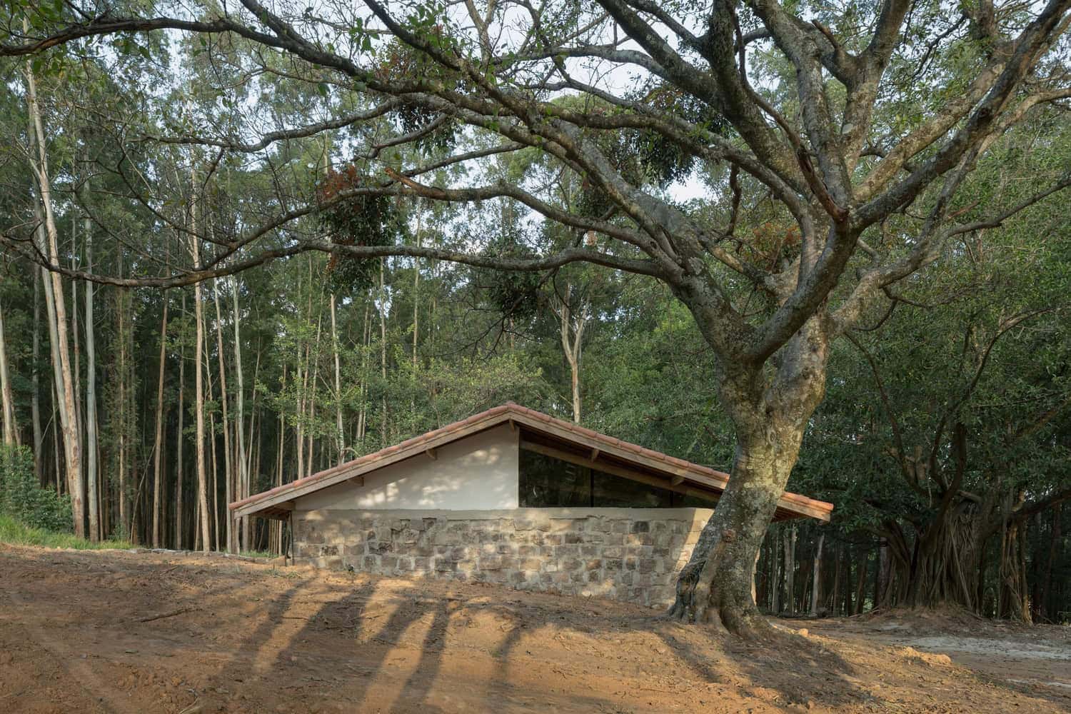 Rustic cabin with stone walls and a sloped roof nestled among tall trees in a forest setting, showcasing natural architecture and harmonious design blending with nature.