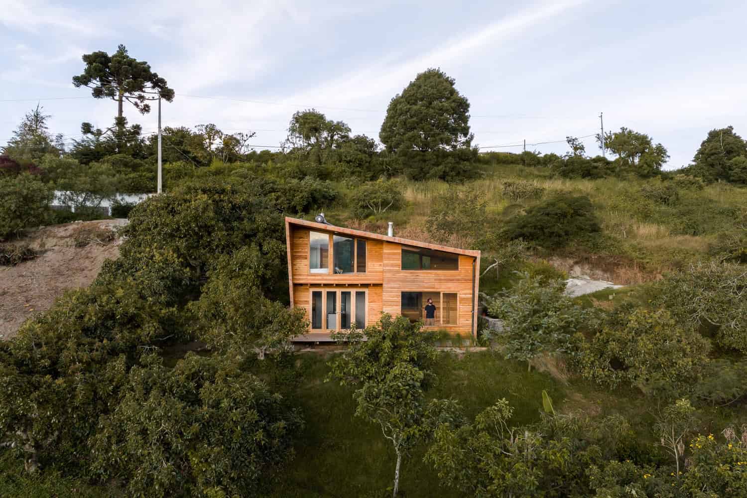Contemporary wooden house on hillside with modern architecture, large windows, and natural surroundings, showcasing innovative design and integration with nature.