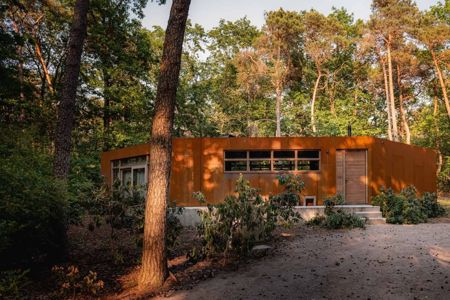 Sustainable modern tiny house with a sleek rust-colored exterior situated in a lush forest environment, blending contemporary architecture with natural surroundings.