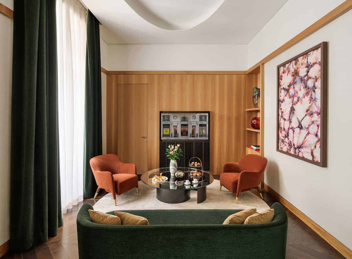 Elegant modern living room interior with stylish furniture and wooden wall accents, perfect for contemporary home design and architectural art.