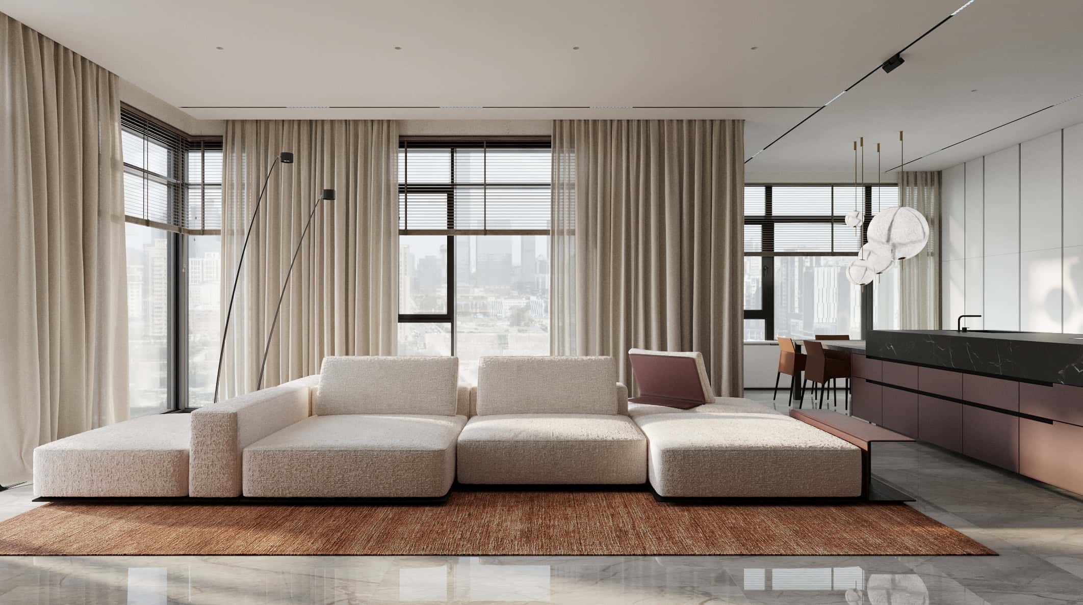 Elegant modern high-rise apartment living room with large windows, beige curtains, contemporary sectional sofa, and minimalist decor emphasizing natural light and urban views.