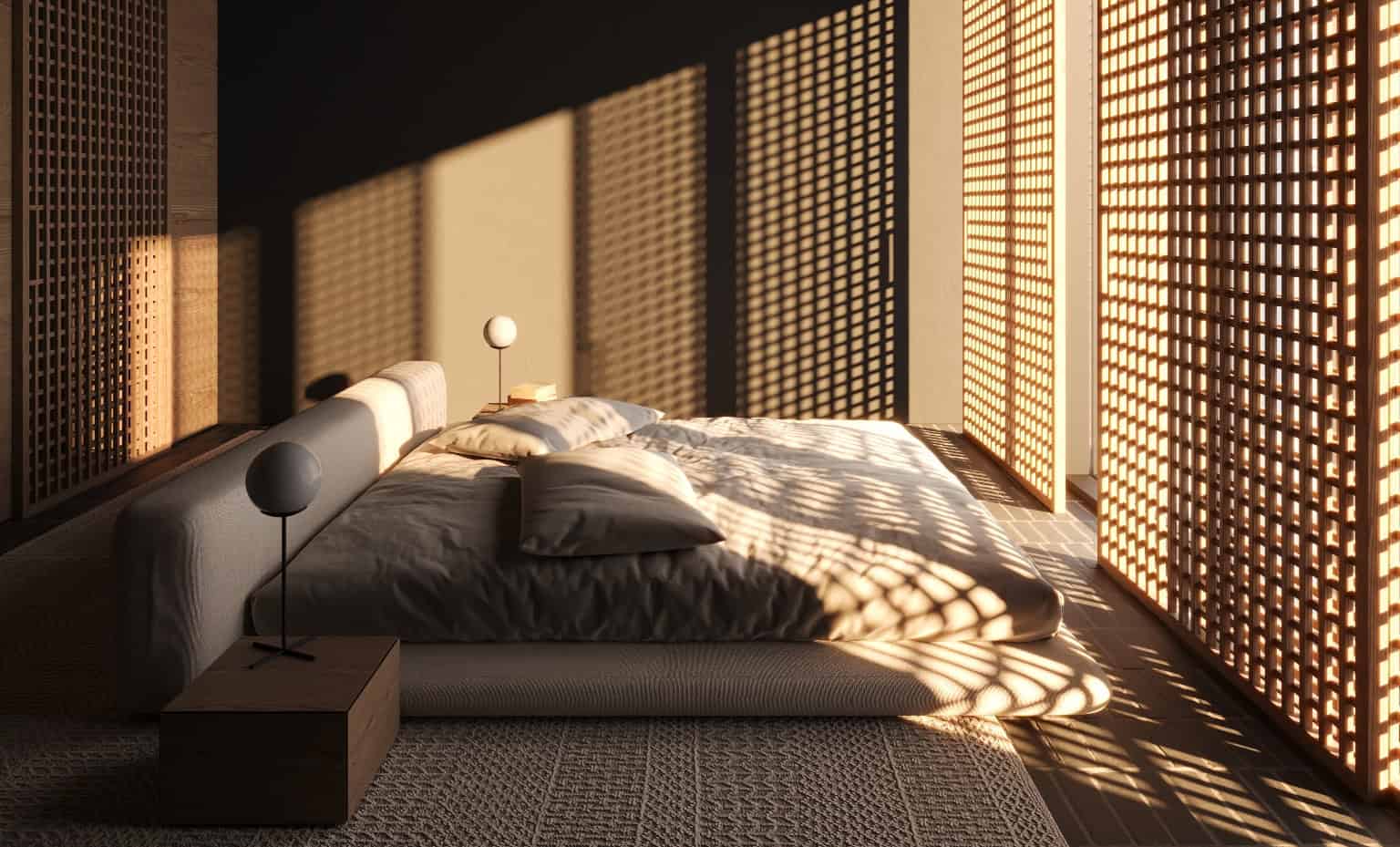 Sunny bedroom with modern wooden lattice room dividers and warm sunlight creating intricate shadow patterns, emphasizing contemporary architectural design and stylish interior decor.
