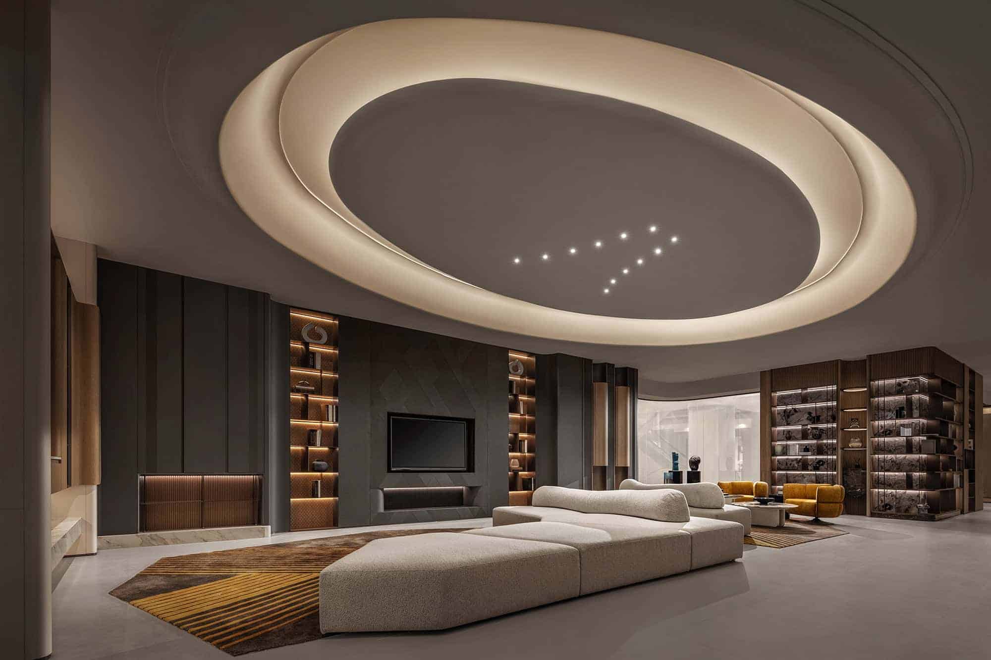 Elegant modern living room with contemporary furniture, stylish lighting, and sleek design elements; interior architecture focused on luxury and minimalist decor.