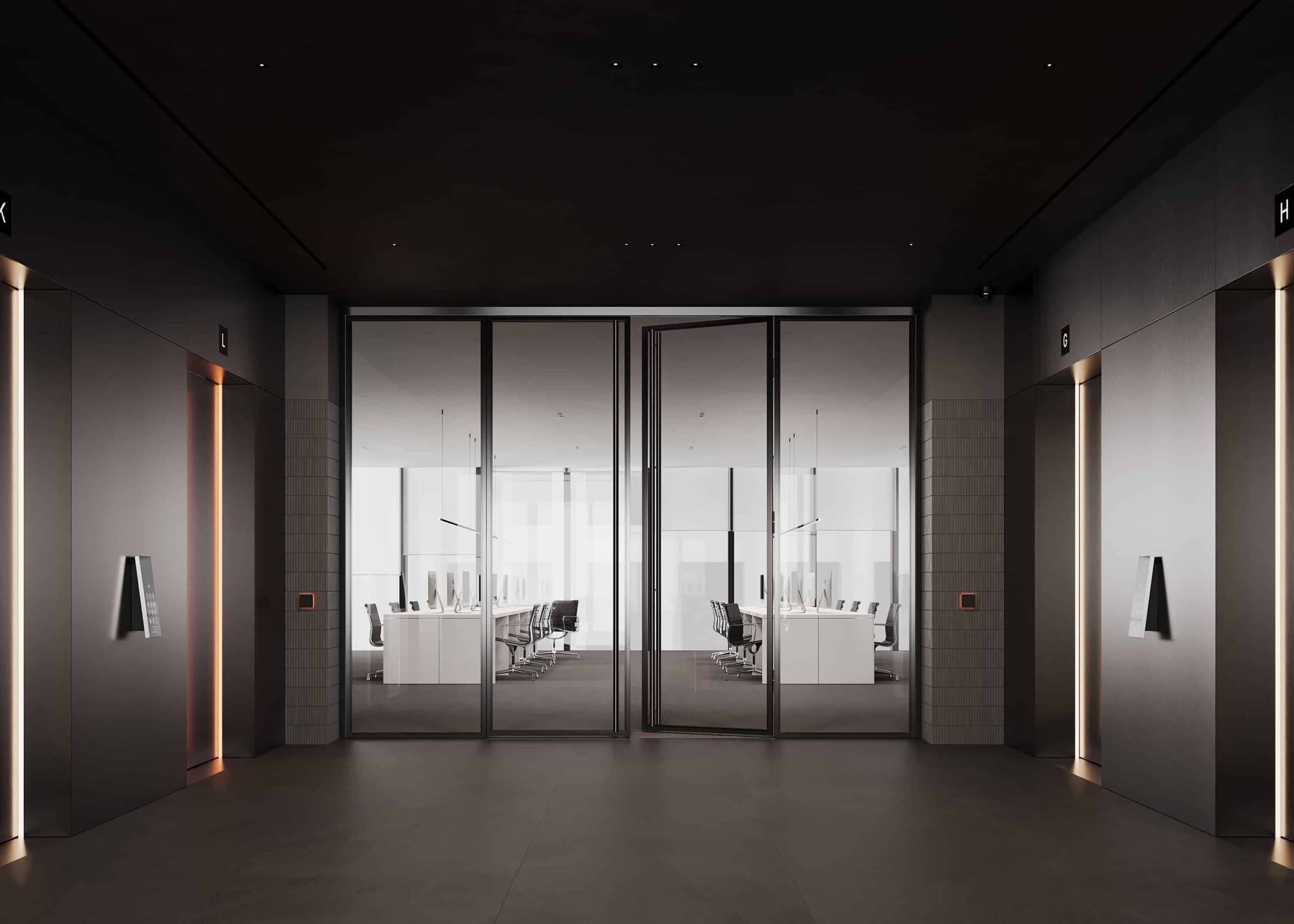 Sleek modern elevator lobby with minimalist design, dark walls, subtle lighting, and glass doors leading to a bright conference room, exemplifying contemporary architectural and interior design.