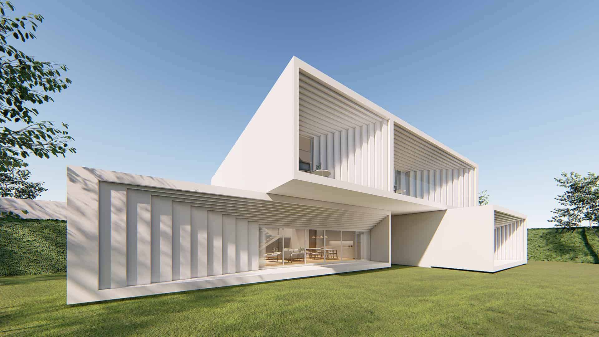 Contemporary minimalist white house with large glass windows and unique angular design, modern architecture with open living spaces and clean lines.