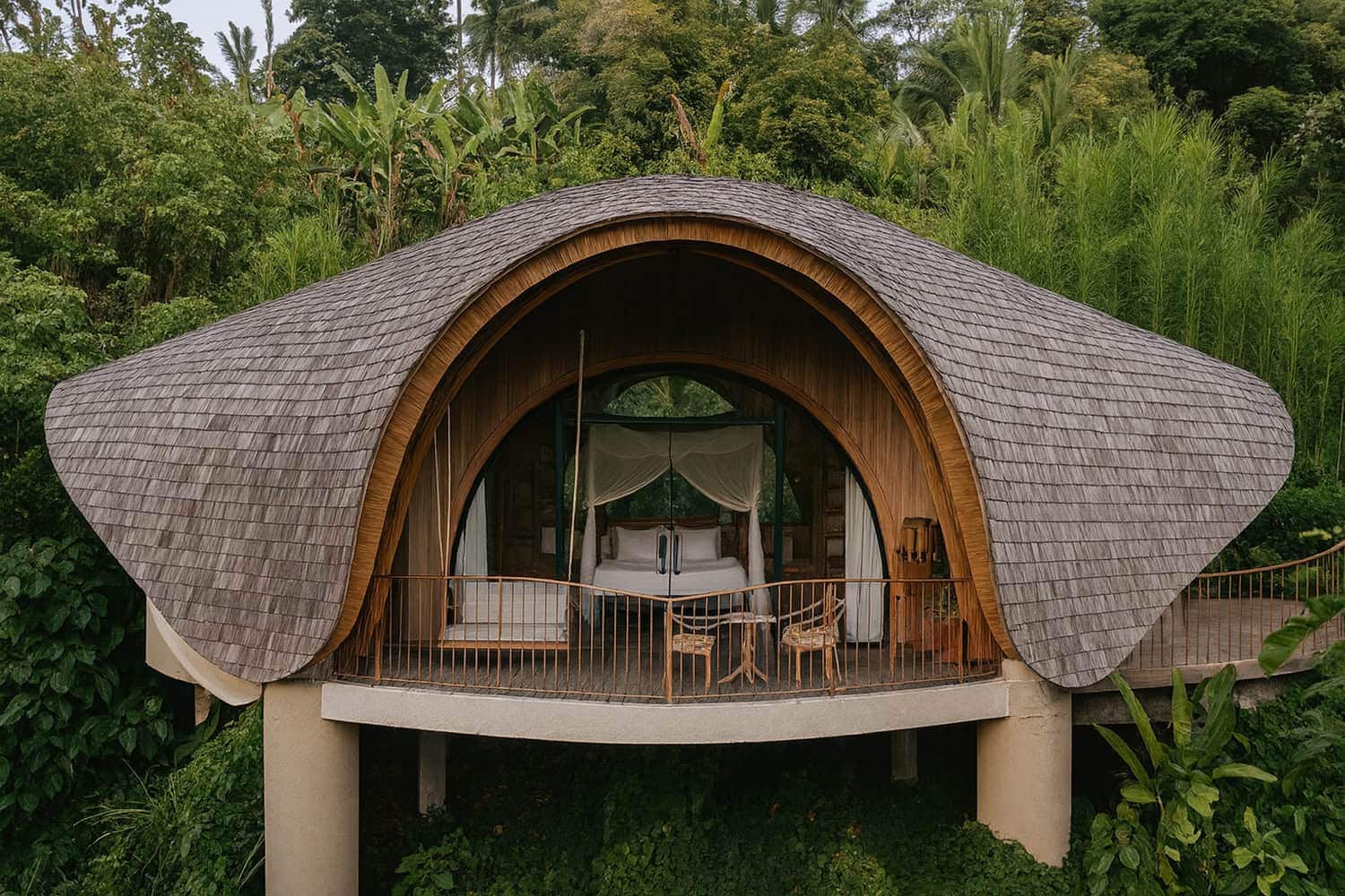 Stylish wooden hut with curved shingle roof nestled in lush tropical jungle, featuring spacious balcony and glass doors, blending modern architecture with eco-friendly design elements.