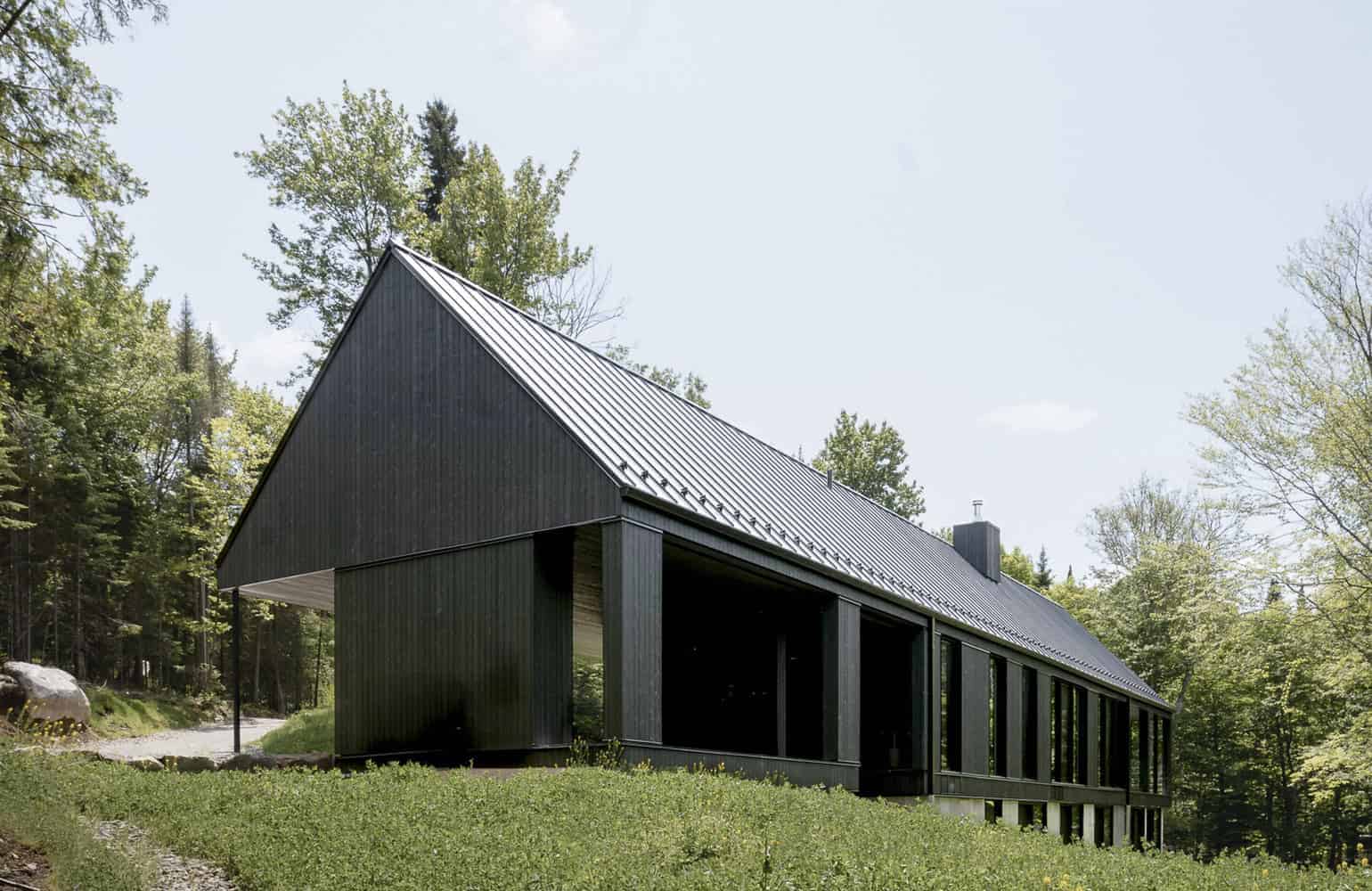 Modern minimalist black house with a steep roof nestled among lush green trees and landscape, showcasing contemporary architecture and innovative design.