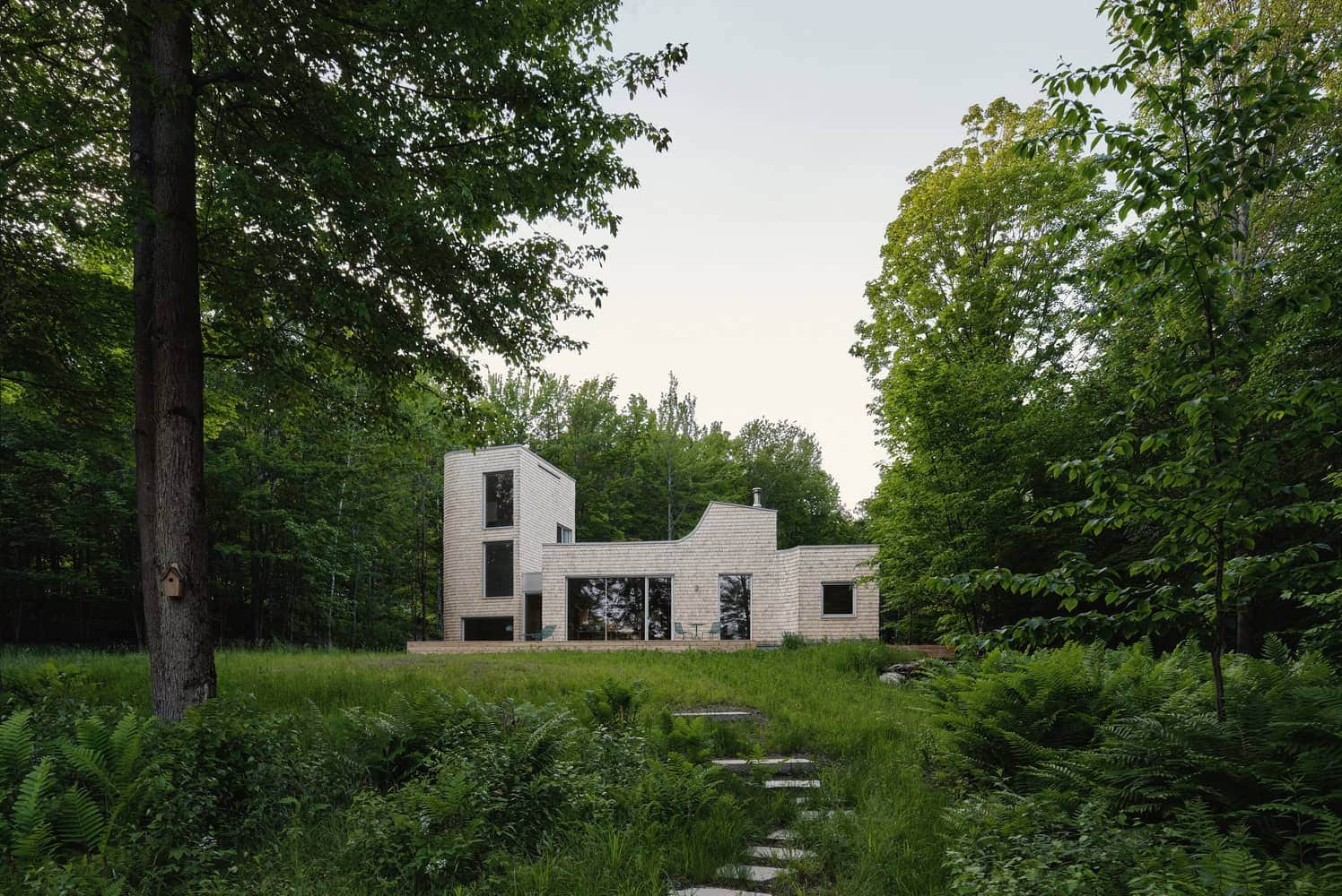Modern white brick house in lush green forest setting with contemporary architecture, large windows, and natural surroundings.