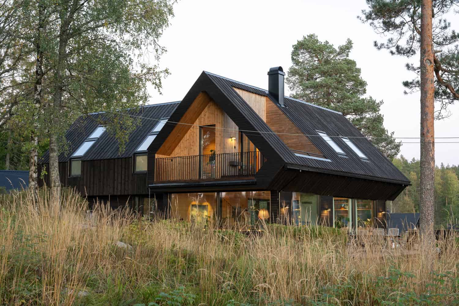 Modern black and wood two-story house with pitched roof, large windows, and balcony, set in a wooded landscape with tall trees and tall grass, showcasing contemporary architecture and design.