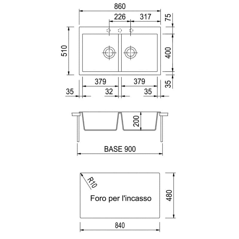 Disegno tecnico lavello doppio incasso cucina.