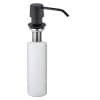 Un dispenser di sapone da banco DISP bianco e nero con un ugello a pompa e una bottiglia cilindrica.
