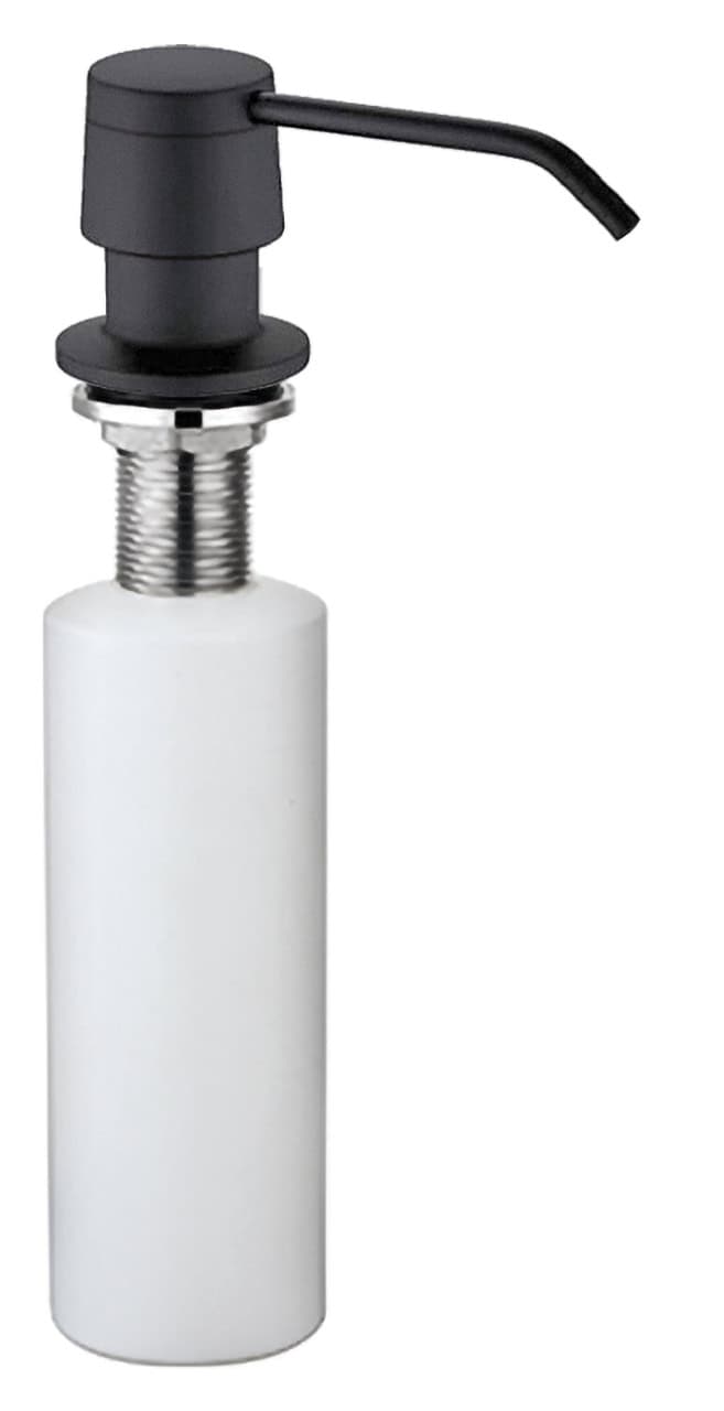 Un dispenser di sapone da banco DISP bianco e nero con un ugello a pompa e una bottiglia cilindrica.
