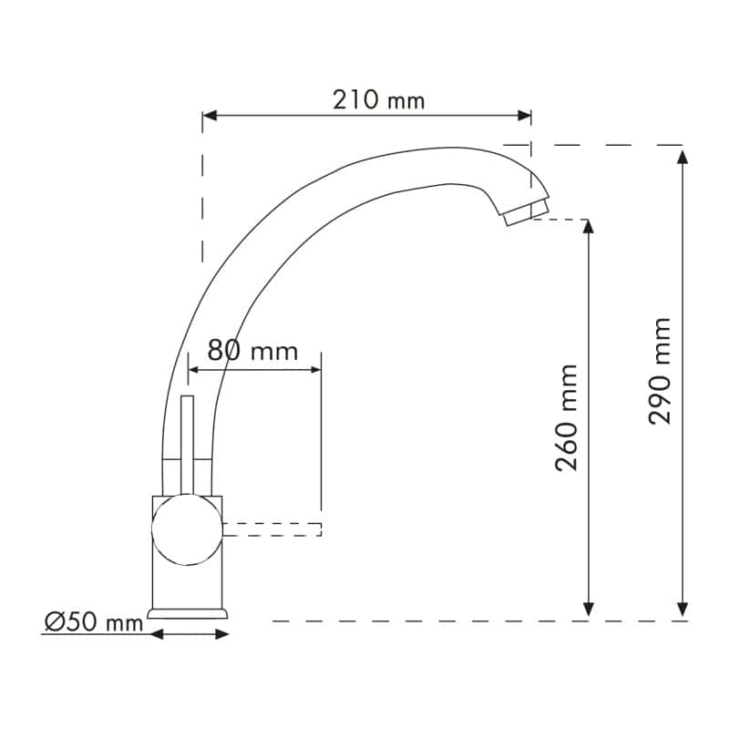 Il disegno tecnico del Plados EUROMIX - Miscelatore riporta le seguenti misure: altezza bocca 260 mm, altezza totale 290 mm, portata 210 mm, diametro base 50 mm e lunghezza leva 80 mm.