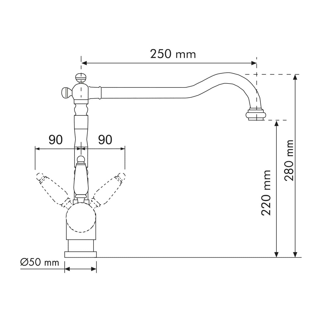 Disegno tecnico del rubinetto Plados MIXOLD - Miscelatore, dimensioni visualizzate: altezza totale 280mm con portata bocca 250mm. Il diametro della base è 50 mm. Il beccuccio ruota di 90 gradi in entrambe le direzioni.