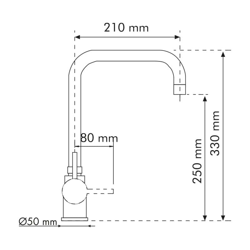 Disegno tecnico del Plados NOVOMIX - Miscelatore con dimensioni. Altezza: 330 mm, altezza beccuccio: 250 mm, lunghezza beccuccio: 210 mm, diametro base: 50 mm e altezza maniglia: 80 mm.