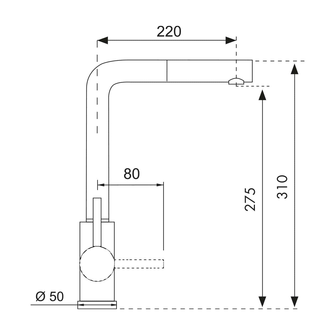 Questo disegno tecnico del Miscelatore Plados VEMIXEXTL comprende dimensioni precise: portata della bocca 220 mm, altezza della bocca 275 mm, altezza totale 310 mm, distanza maniglia 80 mm e diametro della base 50 mm.