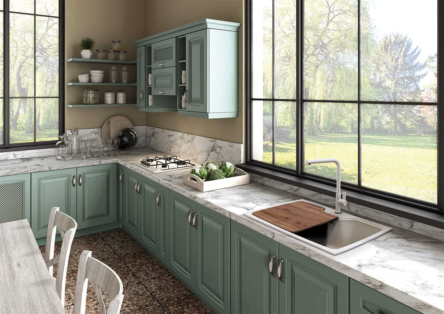 Cucina moderna con mobili verdi e vista sul giardino