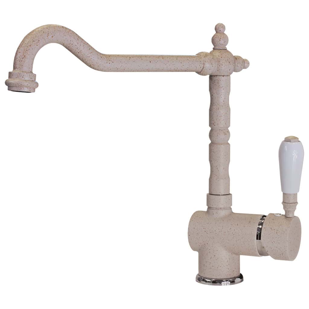 Rubinetto da cucina beige in stile vintage con maniglia singola e bocca curva, il MIXOLD - Miscelatore Plados aggiunge un tocco di classica eleganza.