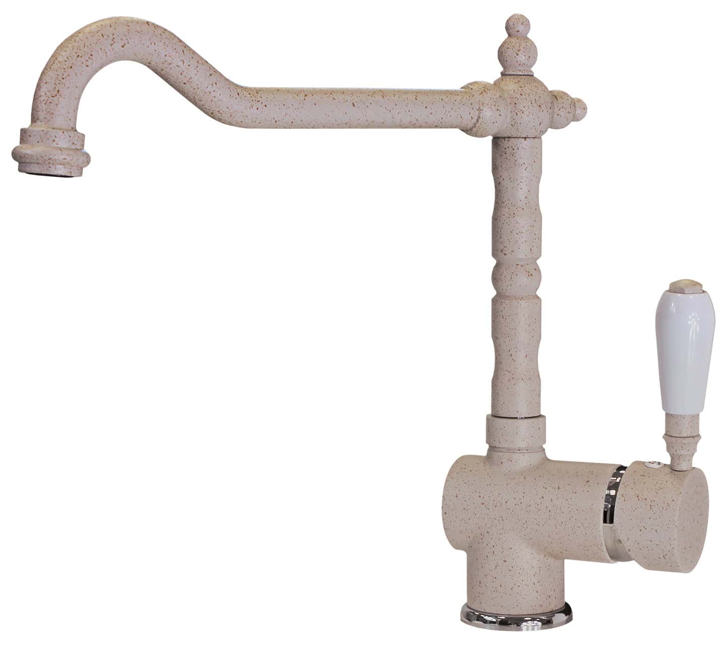 Rubinetto da cucina beige in stile vintage con maniglia singola e bocca curva, il MIXOLD - Miscelatore Plados aggiunge un tocco di classica eleganza.