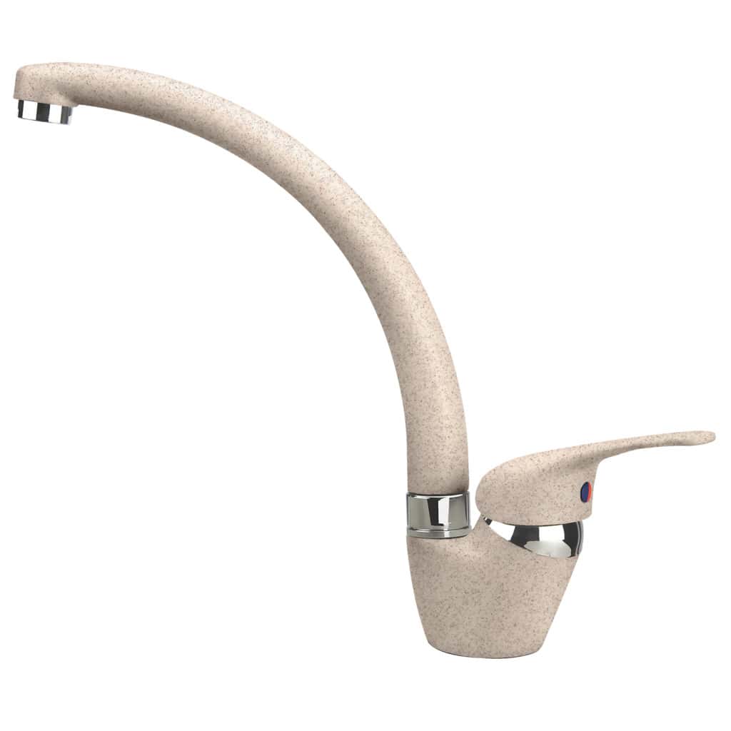 Un rubinetto da cucina curvo beige con maniglia monocomando e base cromata, il NEOMIX - Miscelatore Plados aggiunge un tocco di eleganza a qualsiasi cucina moderna.