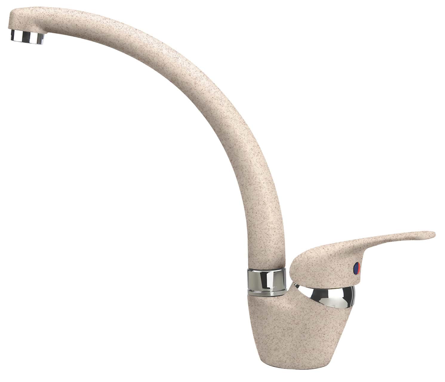 Un rubinetto da cucina curvo beige con maniglia monocomando e base cromata, il NEOMIX - Miscelatore Plados aggiunge un tocco di eleganza a qualsiasi cucina moderna.