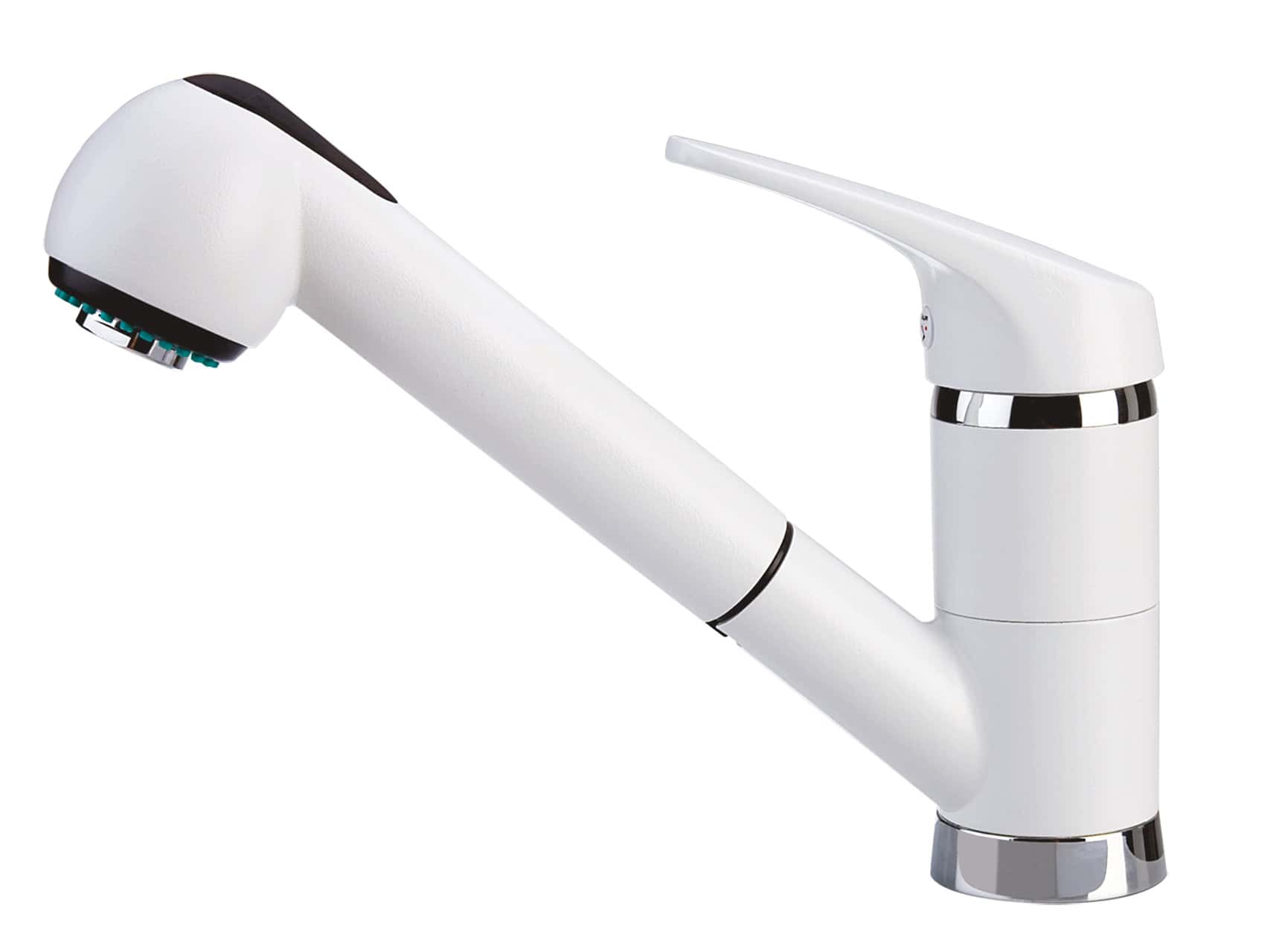 Un rubinetto da cucina bianco con maniglia monocomando e doccetta estraibile, il Plados PLUSMIXEXT - Miscelatore, è mostrato su uno sfondo semplice.