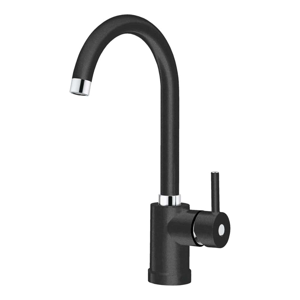 Rubinetto da cucina nero con collo curvo e maniglia laterale per il controllo dell'acqua, con accenti cromati sul beccuccio e sulla base; si integra perfettamente con Plados POLITEK10 - Miscelatore per un allestimento moderno della cucina.