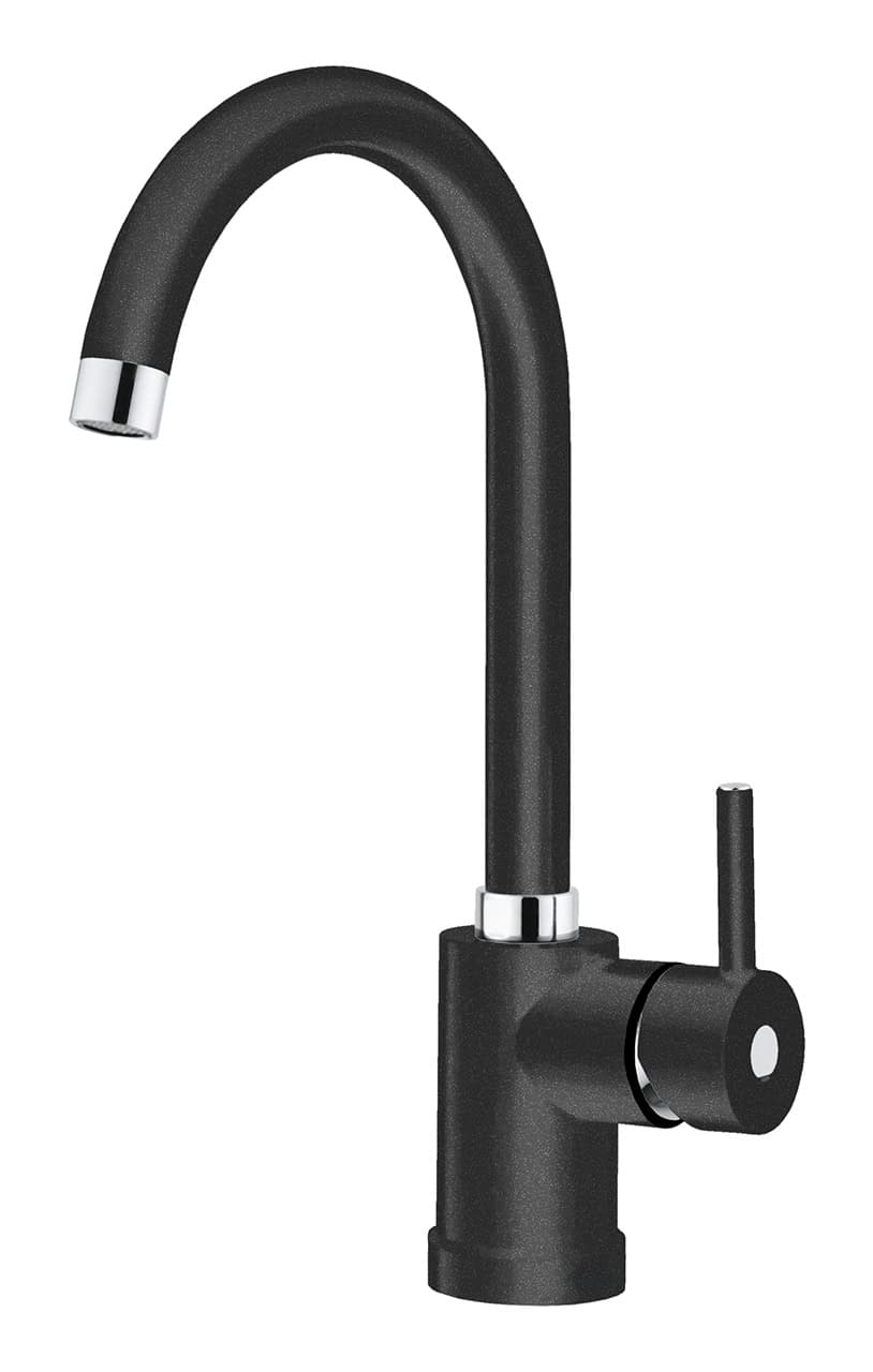 Rubinetto da cucina nero con collo curvo e maniglia laterale per il controllo dell'acqua, con accenti cromati sul beccuccio e sulla base; si integra perfettamente con Plados POLITEK10 - Miscelatore per un allestimento moderno della cucina.